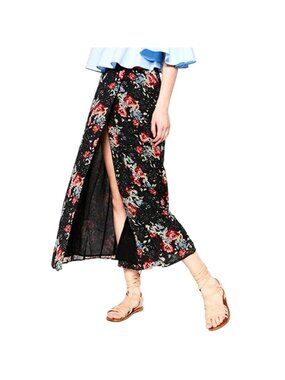 Zara Black Blue Pink Floral Wrap Midi Skirt Womens Medium